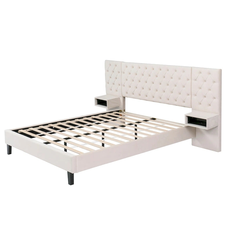 Velvet Upholstered Bed Frame Queen Size Button Tufted Bed