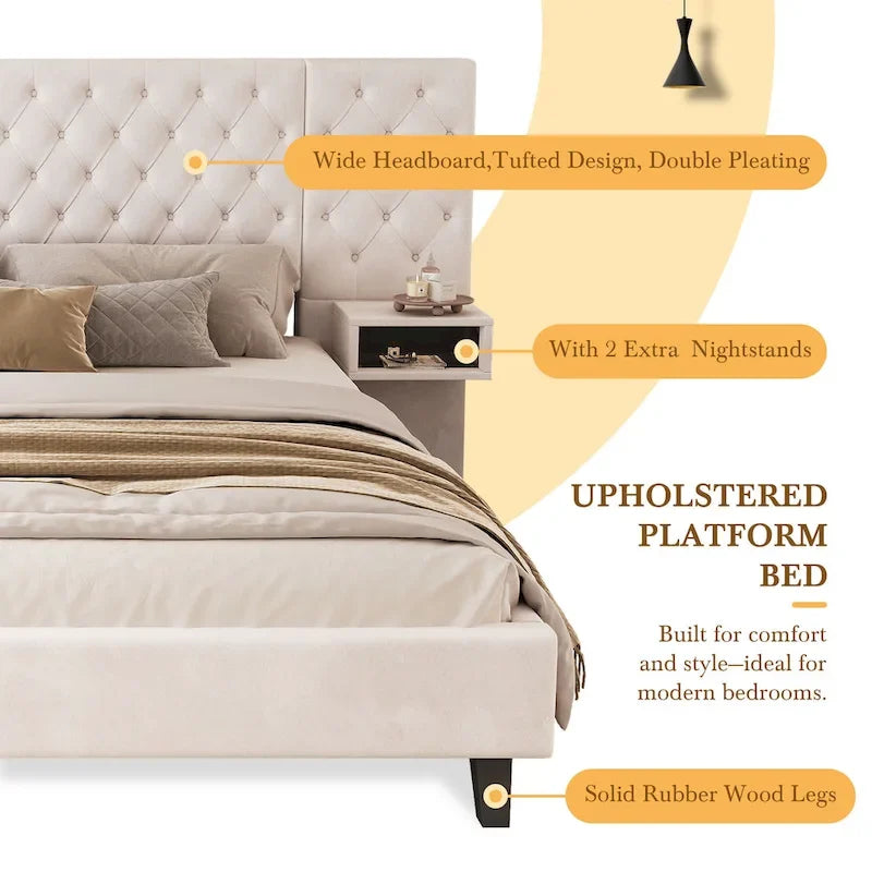 Velvet Upholstered Bed Frame Queen Size Button Tufted Bed