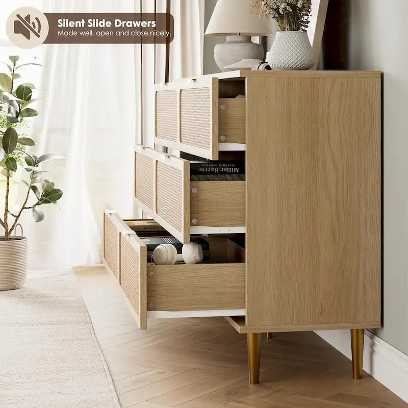 6-Drawer Dresser with Rattan Chest of Drawers