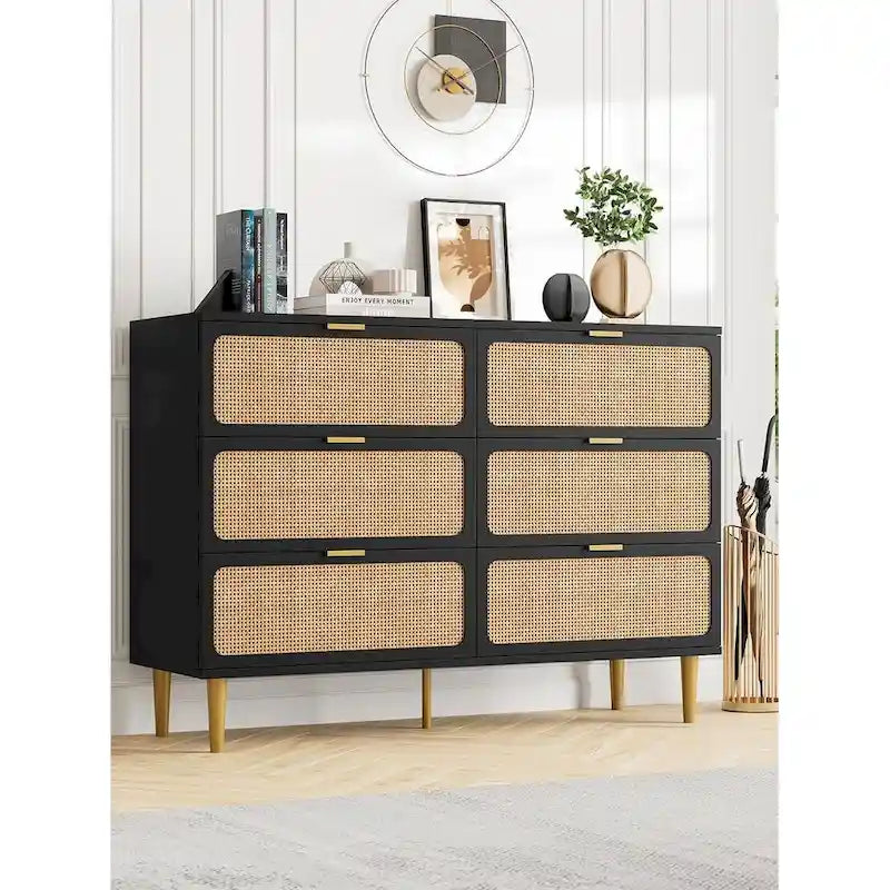 6-Drawer Dresser with Rattan Chest of Drawers