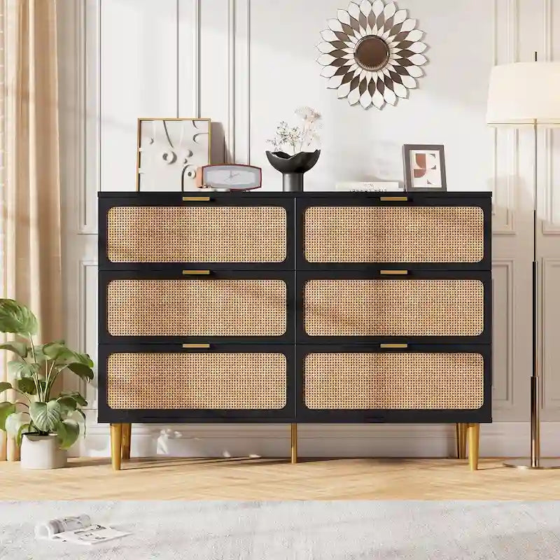 6-Drawer Dresser with Rattan Chest of Drawers