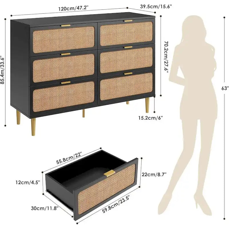 6-Drawer Dresser with Rattan Chest of Drawers