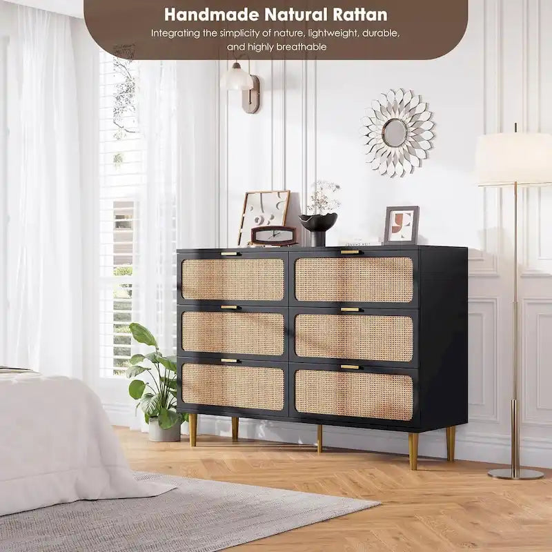 6-Drawer Dresser with Rattan Chest of Drawers