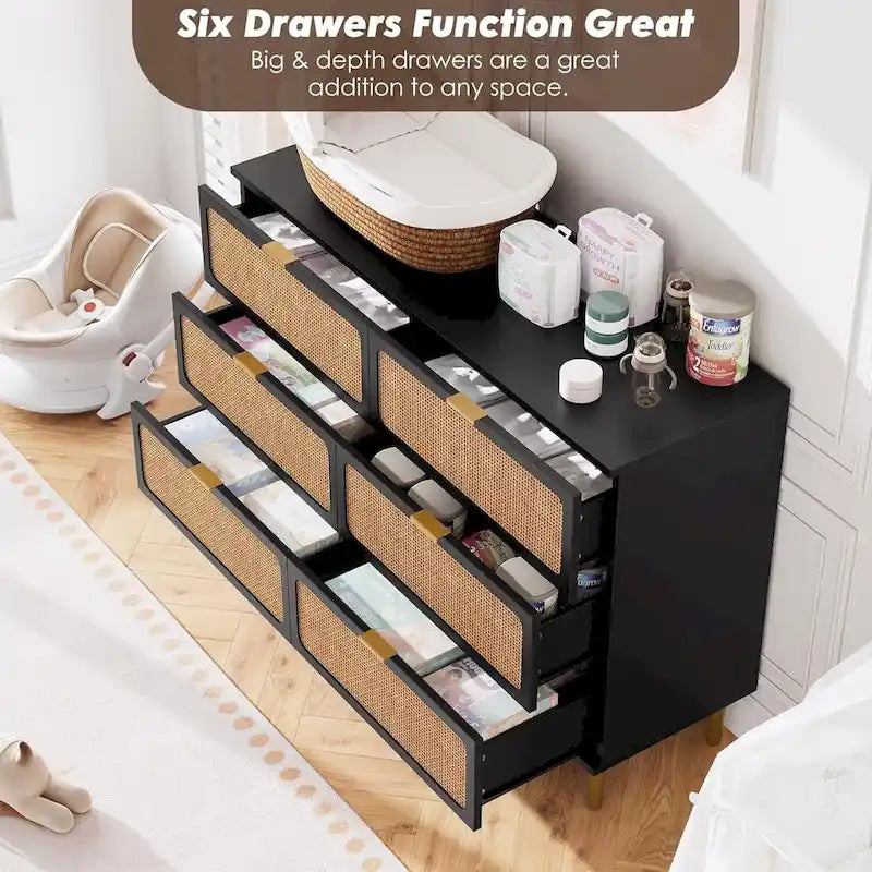 6-Drawer Dresser with Rattan Chest of Drawers