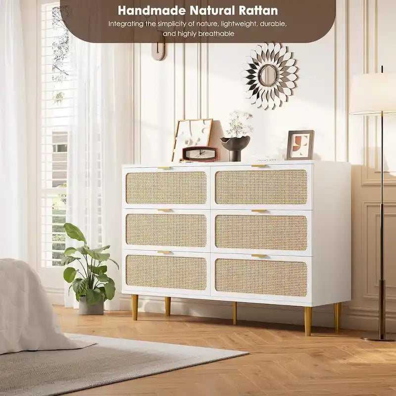 6-Drawer Dresser with Rattan Chest of Drawers