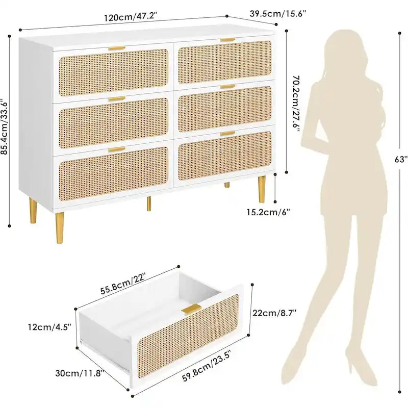 6-Drawer Dresser with Rattan Chest of Drawers