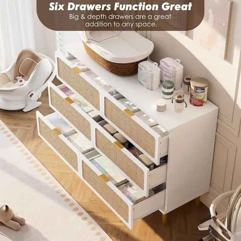 6-Drawer Dresser with Rattan Chest of Drawers
