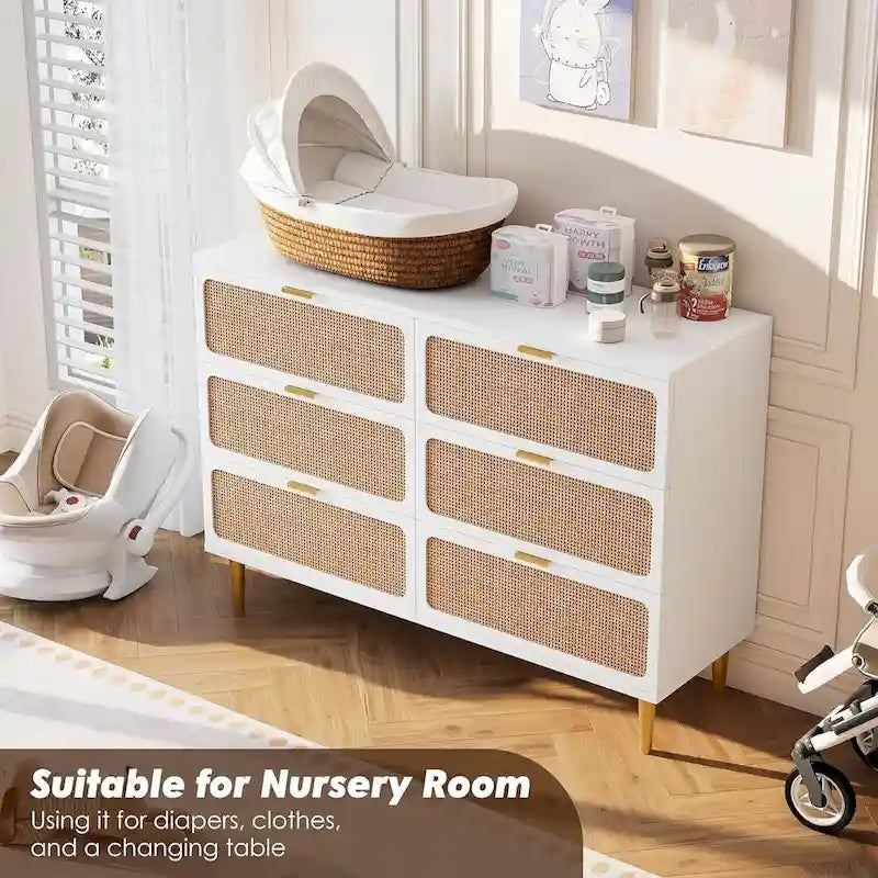 6-Drawer Dresser with Rattan Chest of Drawers