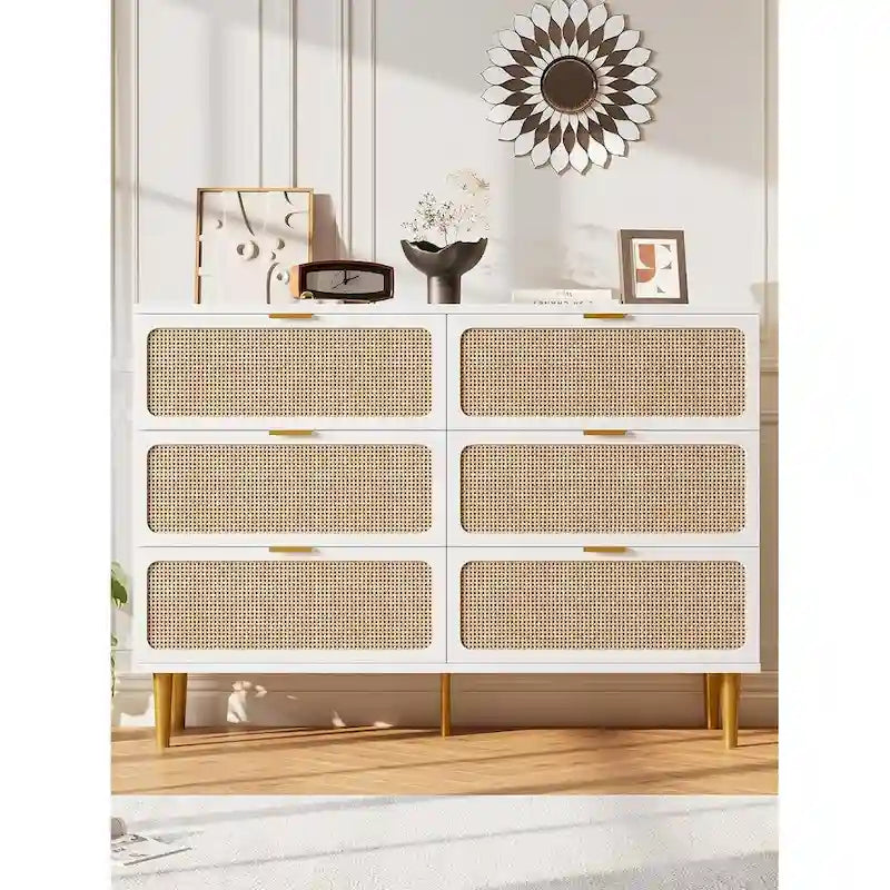 6-Drawer Dresser with Rattan Chest of Drawers