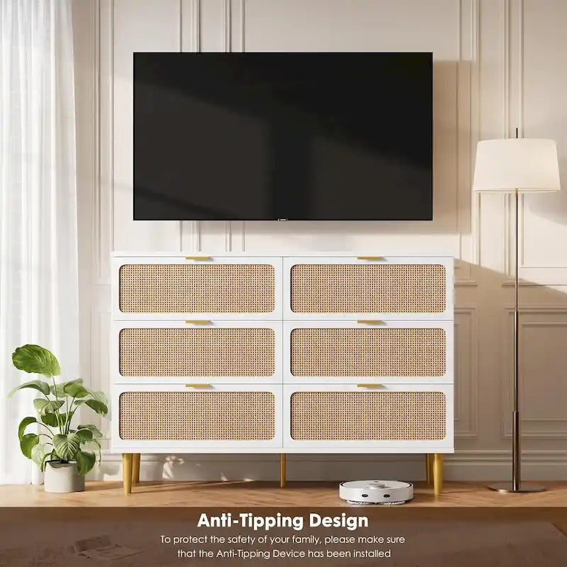 6-Drawer Dresser with Rattan Chest of Drawers
