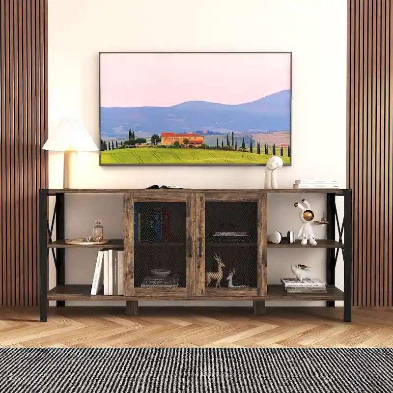 Industrial Farmhouse TV Stand with Storage Shelves and Cabinets
