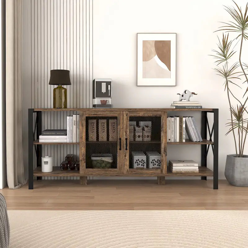 Industrial Farmhouse TV Stand with Storage Shelves and Cabinets