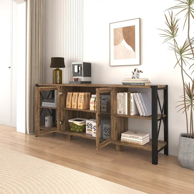 Industrial Farmhouse TV Stand with Storage Shelves and Cabinets