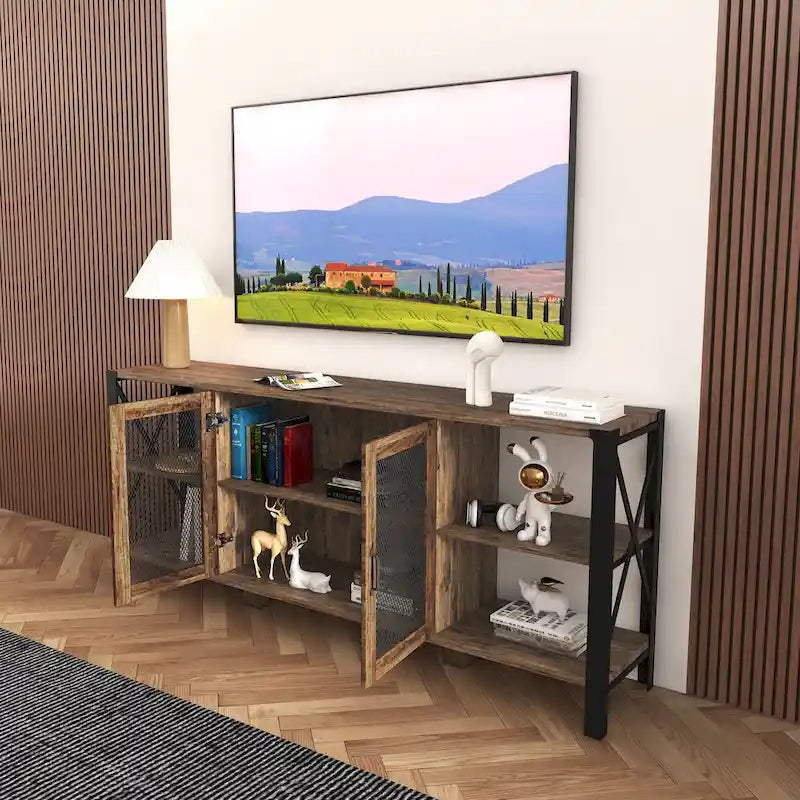 Industrial Farmhouse TV Stand with Storage Shelves and Cabinets