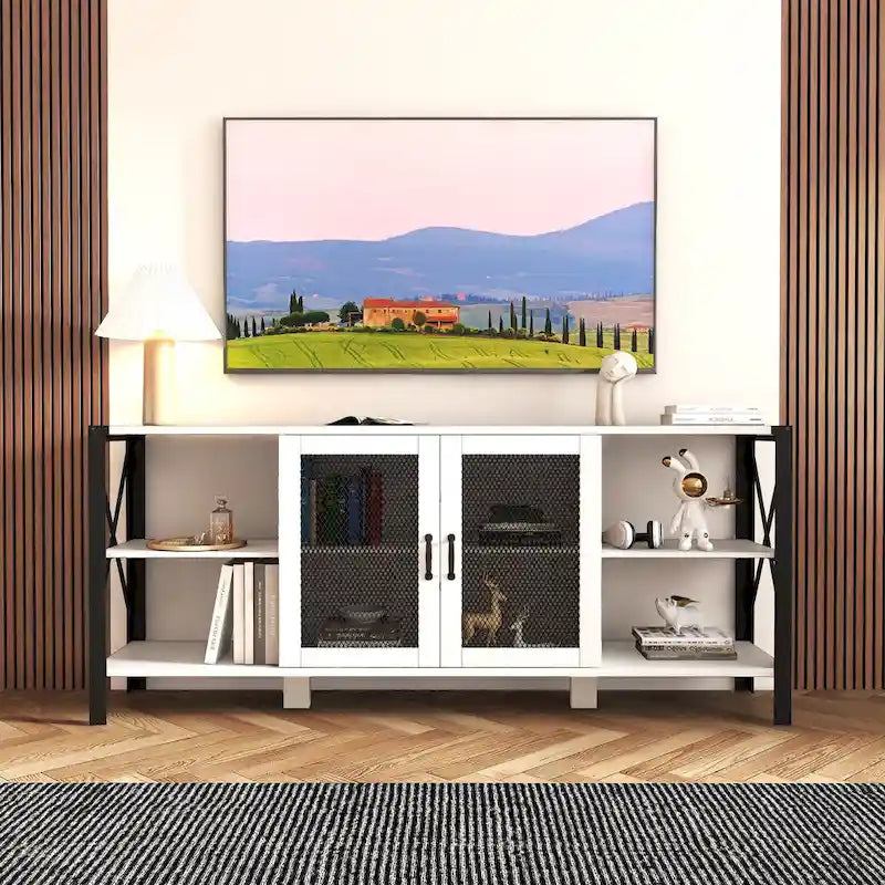 Industrial Farmhouse TV Stand with Storage Shelves and Cabinets