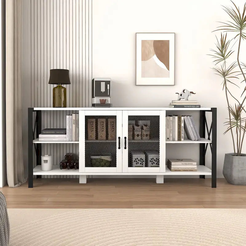 Industrial Farmhouse TV Stand with Storage Shelves and Cabinets