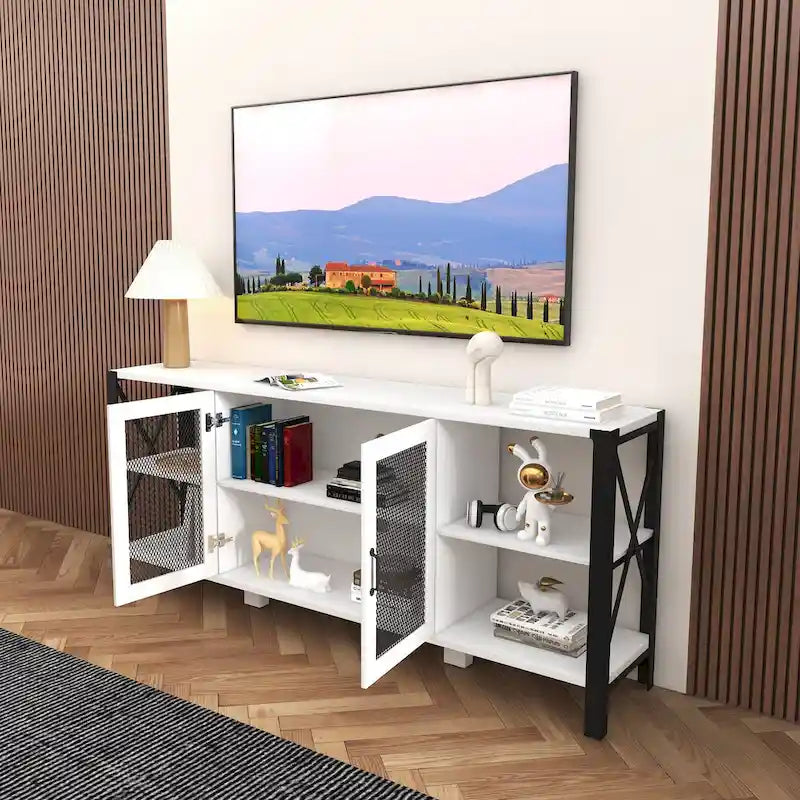 Industrial Farmhouse TV Stand with Storage Shelves and Cabinets