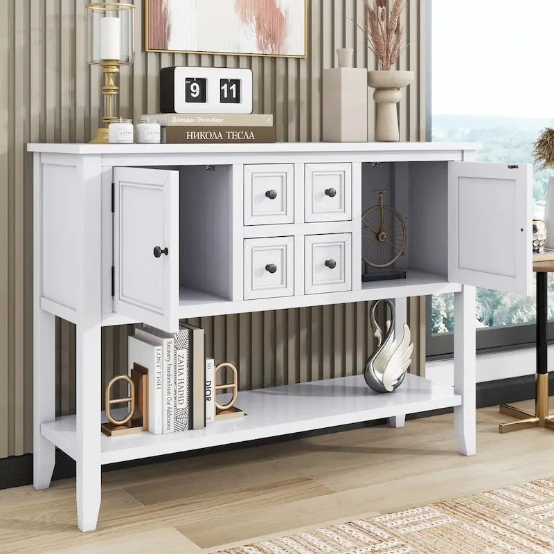 White 4-Drawer Buffet Sideboard Console Table with Bottom Shelf
