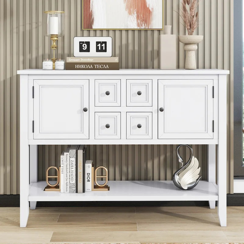 White 4-Drawer Buffet Sideboard Console Table with Bottom Shelf