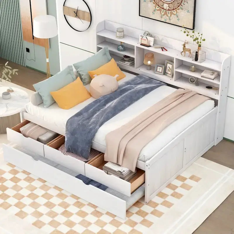 Full Pine Captain Bed with Shelves, Drawers & Trundle