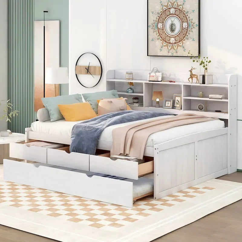 Full Pine Captain Bed with Shelves, Drawers & Trundle
