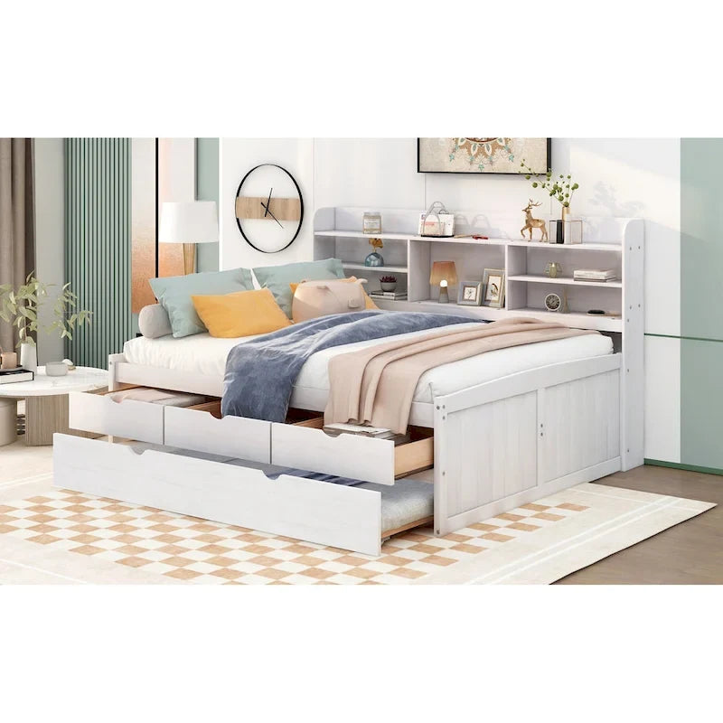 Full Pine Captain Bed with Shelves, Drawers & Trundle