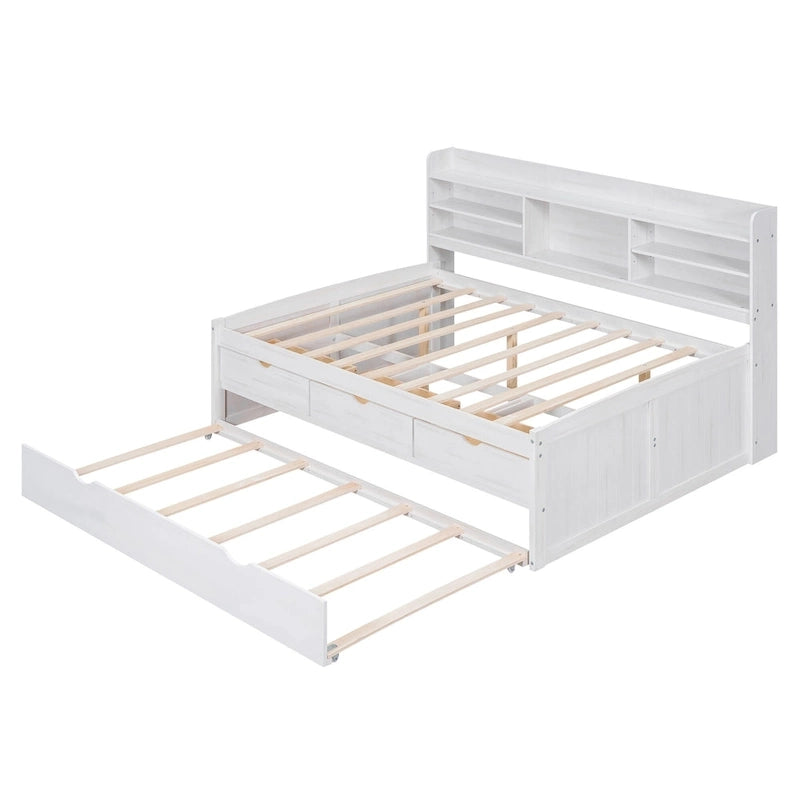 Full Pine Captain Bed with Shelves, Drawers & Trundle