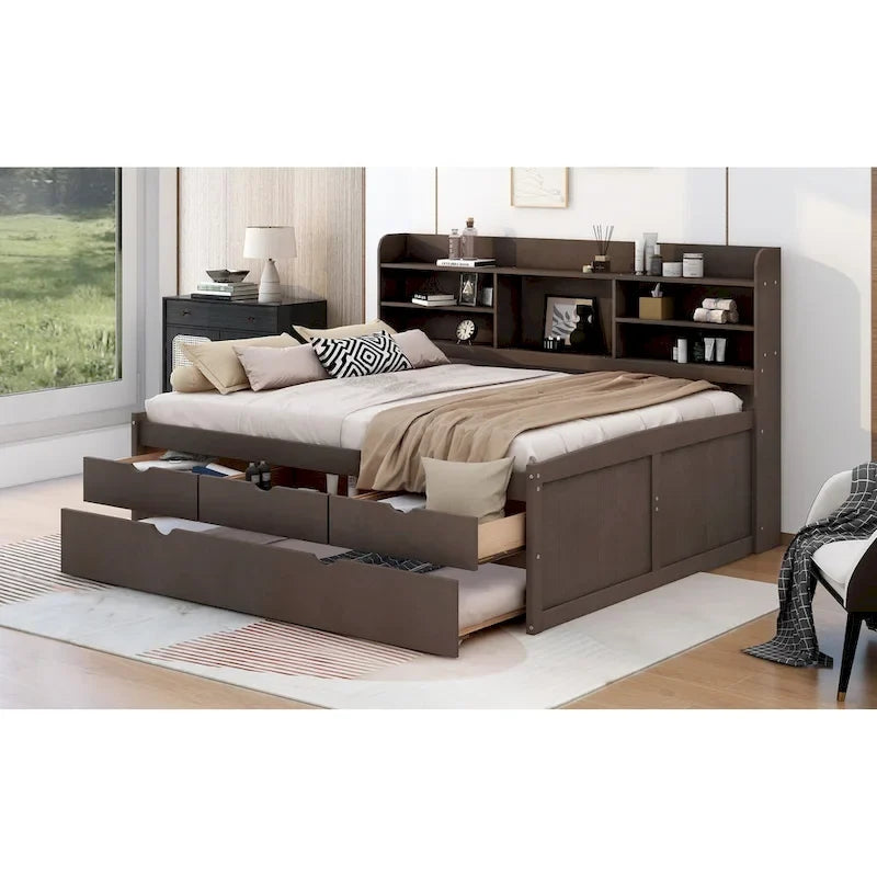 Full Pine Captain Bed with Shelves, Drawers & Trundle