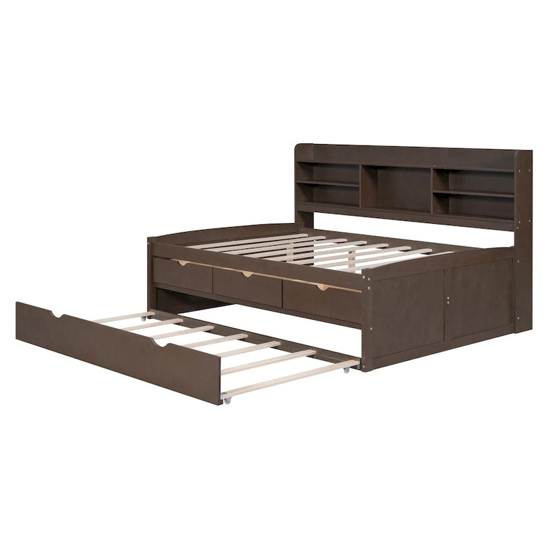 Full Pine Captain Bed with Shelves, Drawers & Trundle