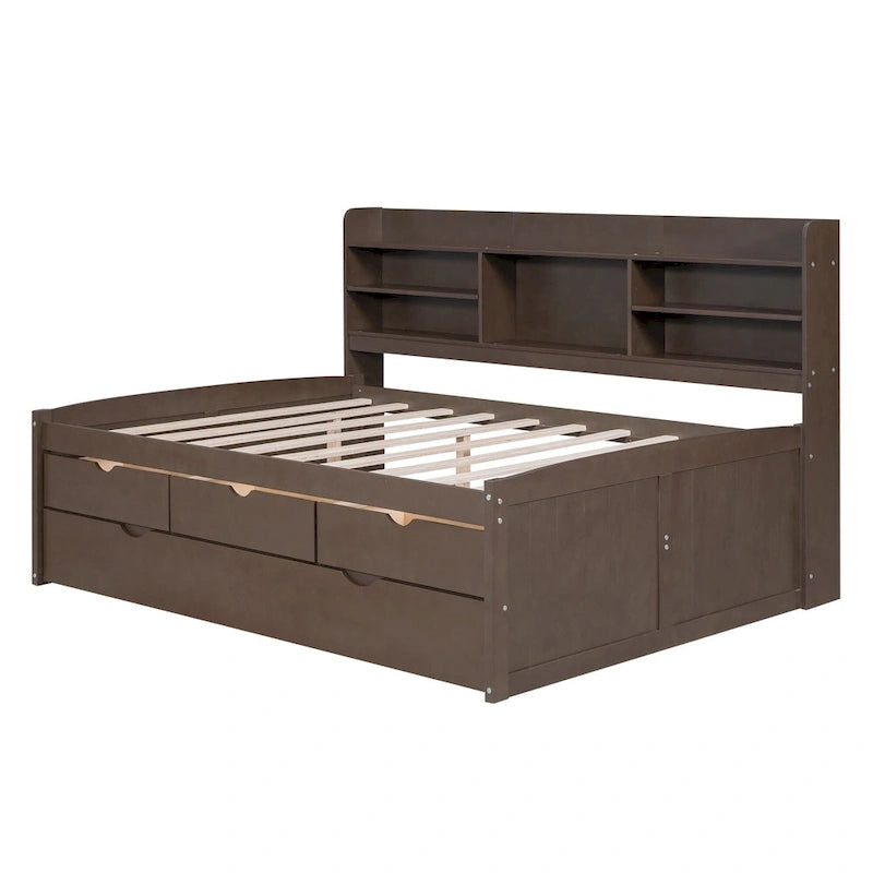 Full Pine Captain Bed with Shelves, Drawers & Trundle