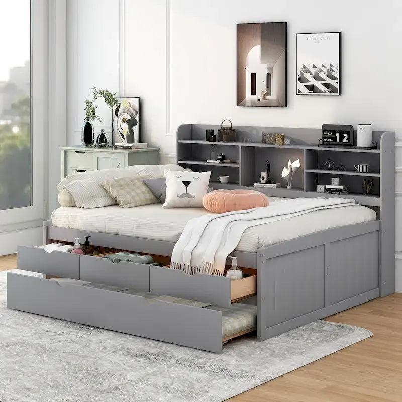 Full Pine Captain Bed with Shelves, Drawers & Trundle