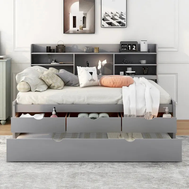 Full Pine Captain Bed with Shelves, Drawers & Trundle