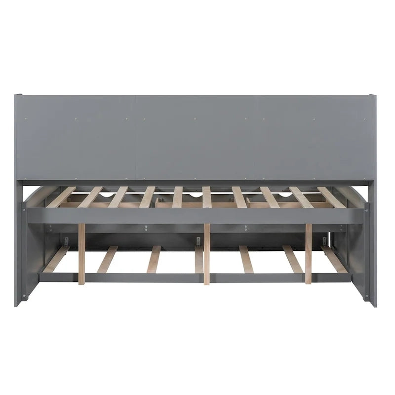 Full Pine Captain Bed with Shelves, Drawers & Trundle