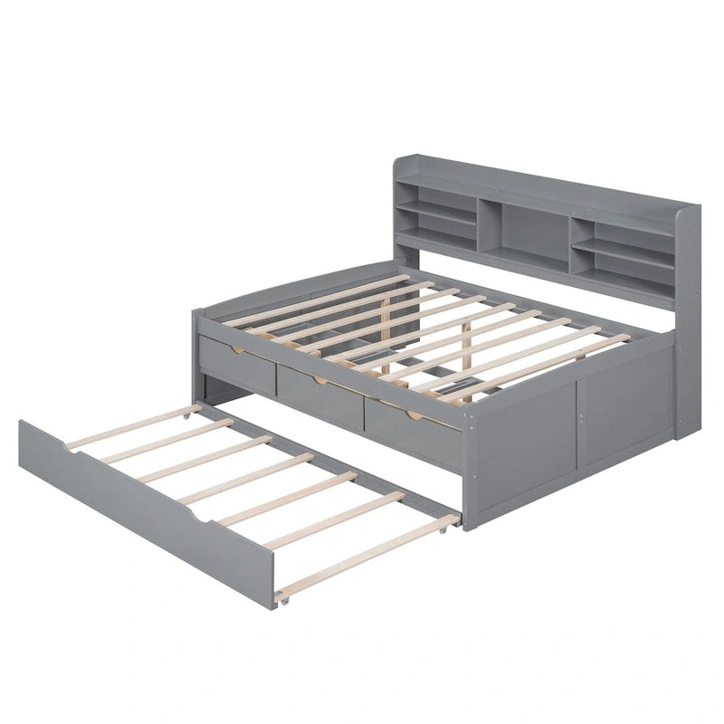 Full Pine Captain Bed with Shelves, Drawers & Trundle