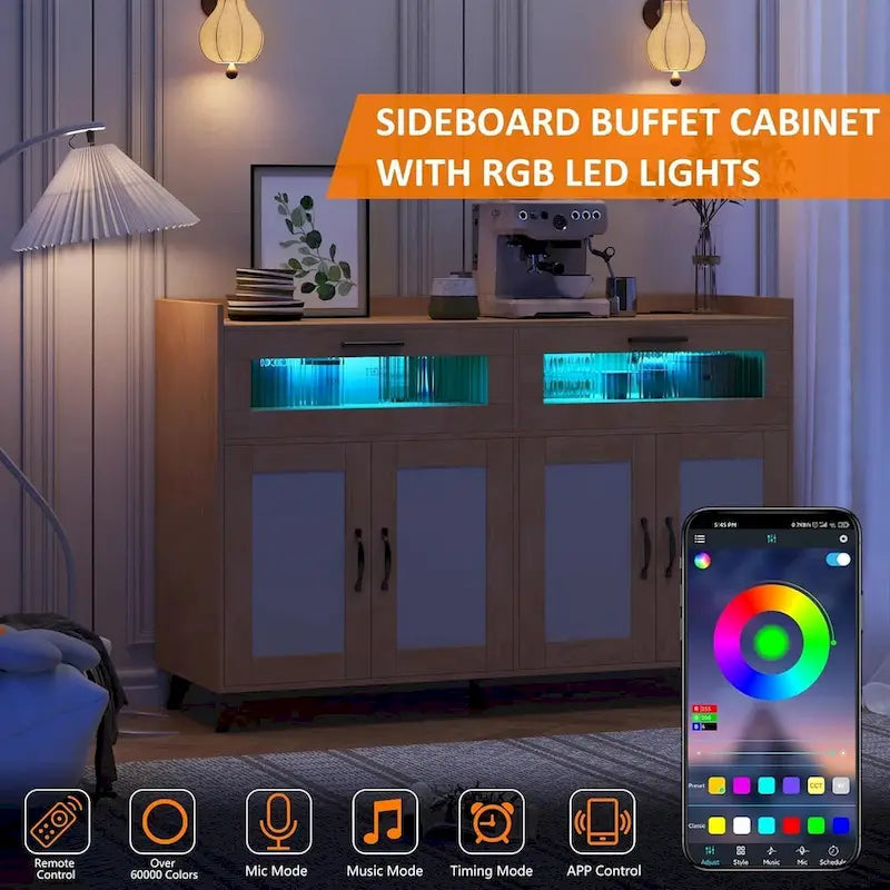 Sideboard Buffet Cabinet with LED Light & Power Outlets