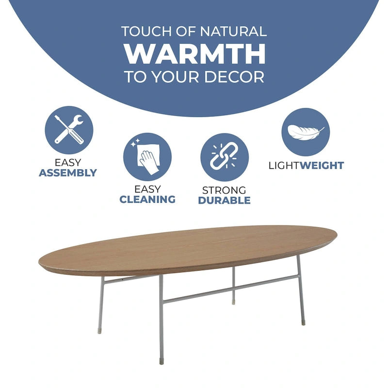 Modern Oval Accent Coffee Table with Powder-Coated Steel Frame for Living Room, Bedroom & Home Office