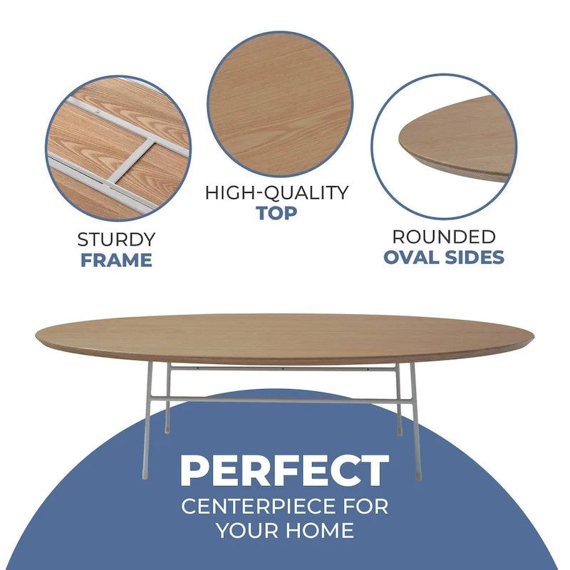 Modern Oval Accent Coffee Table with Powder-Coated Steel Frame for Living Room, Bedroom & Home Office
