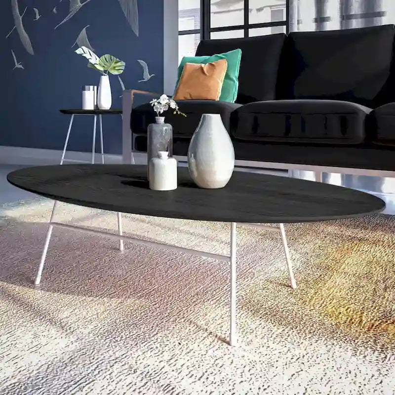 Modern Oval Accent Coffee Table with Powder-Coated Steel Frame for Living Room, Bedroom & Home Office