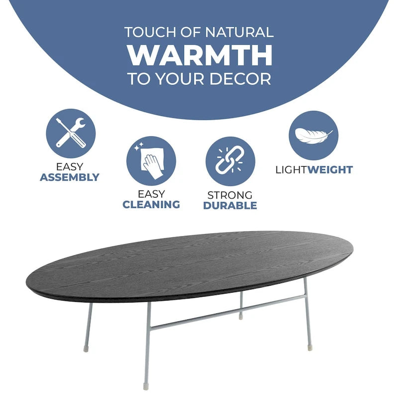Modern Oval Accent Coffee Table with Powder-Coated Steel Frame for Living Room, Bedroom & Home Office