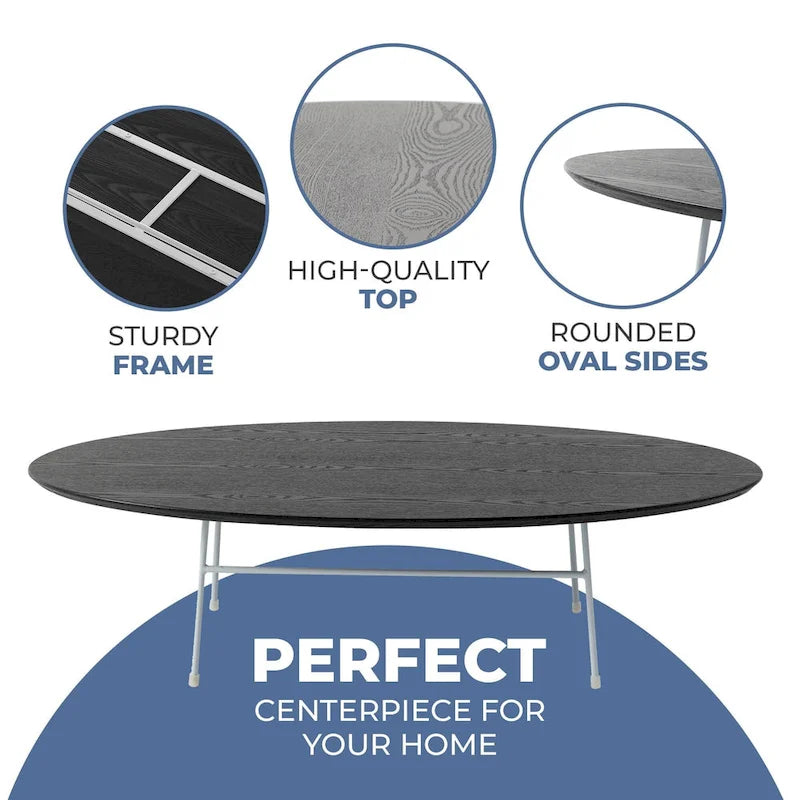 Modern Oval Accent Coffee Table with Powder-Coated Steel Frame for Living Room, Bedroom & Home Office