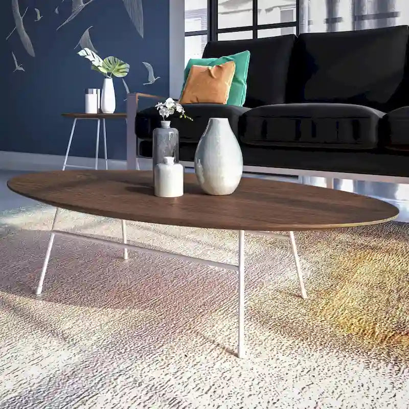 Modern Oval Accent Coffee Table with Powder-Coated Steel Frame for Living Room, Bedroom & Home Office