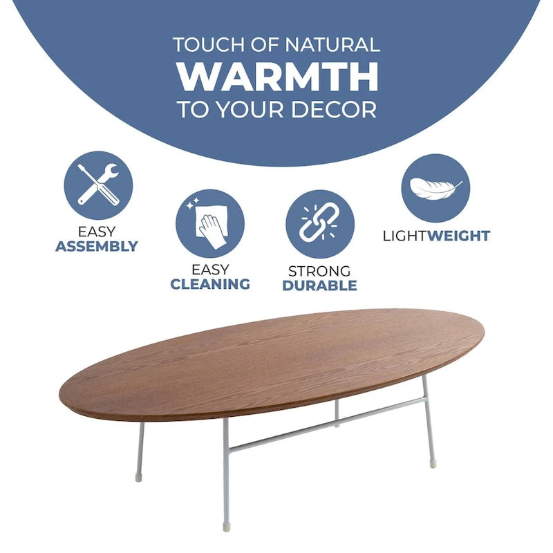 Modern Oval Accent Coffee Table with Powder-Coated Steel Frame for Living Room, Bedroom & Home Office
