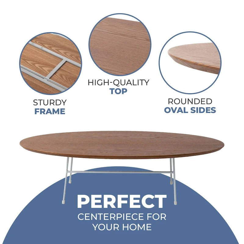 Modern Oval Accent Coffee Table with Powder-Coated Steel Frame for Living Room, Bedroom & Home Office