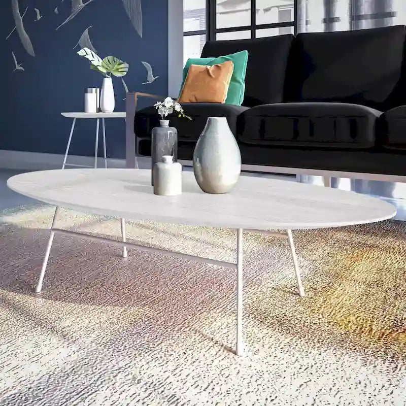 Modern Oval Accent Coffee Table with Powder-Coated Steel Frame for Living Room, Bedroom & Home Office