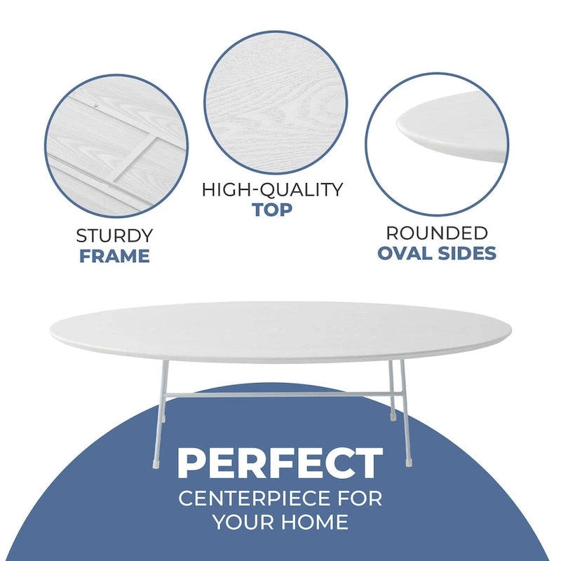 Modern Oval Accent Coffee Table with Powder-Coated Steel Frame for Living Room, Bedroom & Home Office