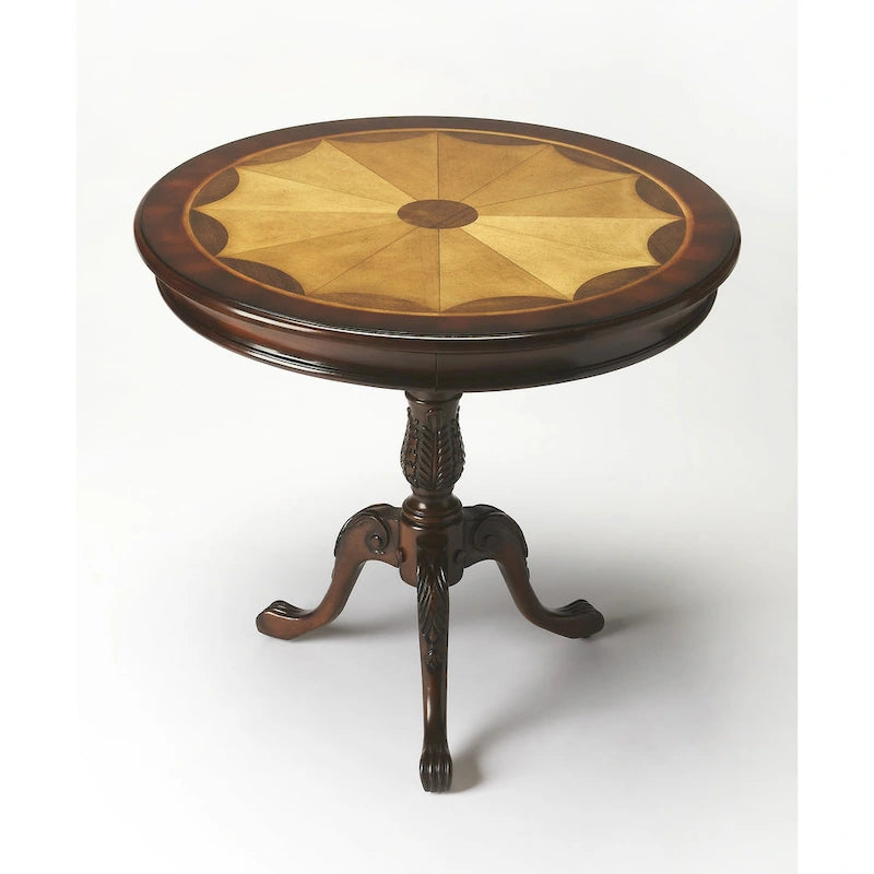 Traditional Round Wooden Pedestal Table in Cherry Finish - Dark Brown