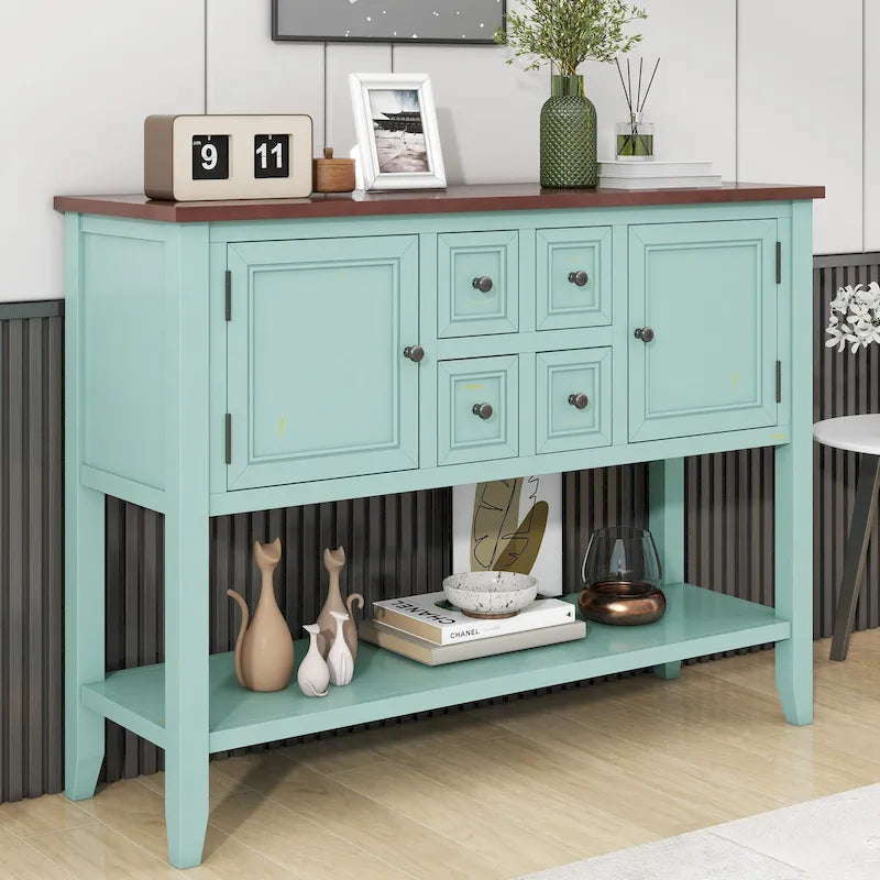 Retro Sideboard Console Table with Drawers and Bottom Shelf