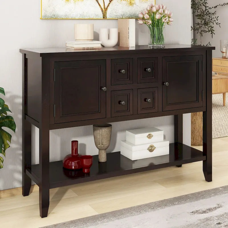 Retro Sideboard Console Table with Drawers and Bottom Shelf
