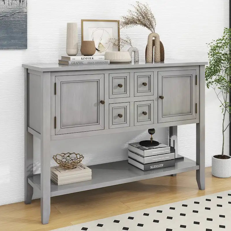 Retro Sideboard Console Table with Drawers and Bottom Shelf
