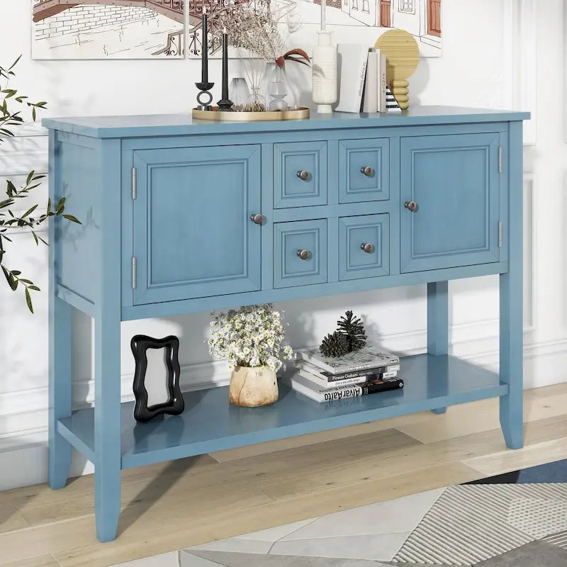 Retro Sideboard Console Table with Drawers and Bottom Shelf